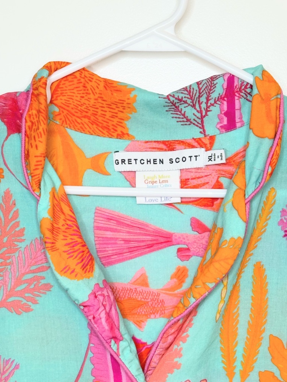 Gretchen Scott 2 Pc Set XL Aqua Pink Orange Coastal Print Top Pants Resort - Picture 4 of 11